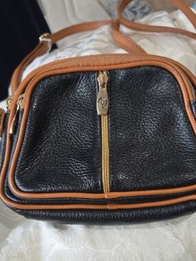 Valentina Black and Tan Italian Pebble Leather Crossbody Bag